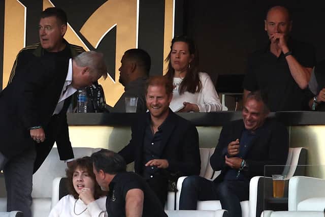 Prince Harry reacts during a match between Inter Miami CF and Los Angeles Football Club at BMO Stadium on September 03, 2023 in Los Angeles, California. (Photo by Harry How/Getty Images)