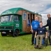 Win a stay in the Horsebox Hotel. From l-r, Andrew Gibson and Angus O'Donnell from MND Assocation and Jamie Jones-Buchanan