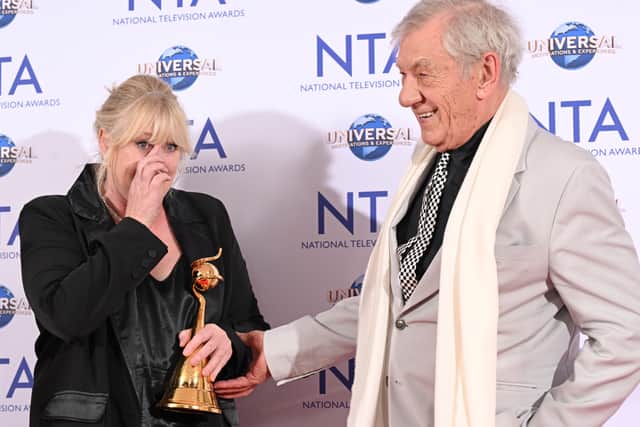 Sarah Lancashire, winner of the Special Recognition award and the Drama Performance award for her work in "Happy Valley", and Sir Ian McKellen pose in the National Television Awards 2023 Winners Room at The O2 Arena on September 05, 2023 in London, England. (Photo by Jeff Spicer/Getty Images)