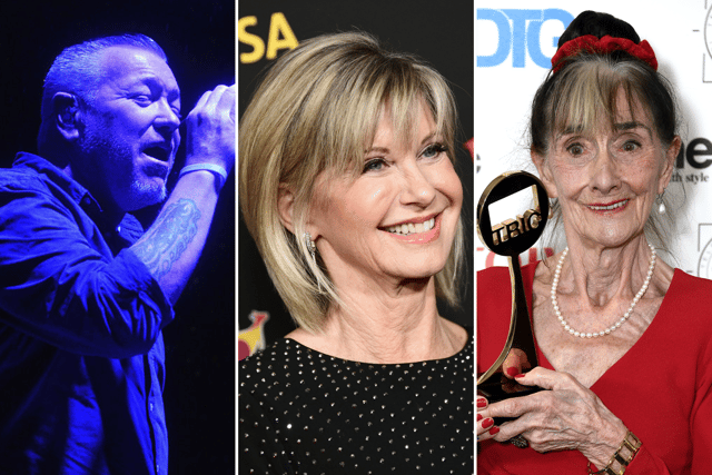 June Brown (right) Olivia Newton-John (centre) and Steve Harwell (left) are the recent three big celebrity deaths to follow an Aaron Ramsey goal - Credit: Getty