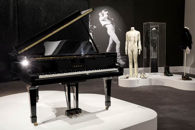 The piano belonging to Freddie Mercury is seen at 'Freddie Mercury: A World Of His Own', a free public exhibition of Freddie Mercury's personal collection at Sotheby's on August 02, 2023 in London, England. The exhibition is open from the 4th August to 5th September. (Photo by Tristan Fewings/Getty Images for Sotheby's)