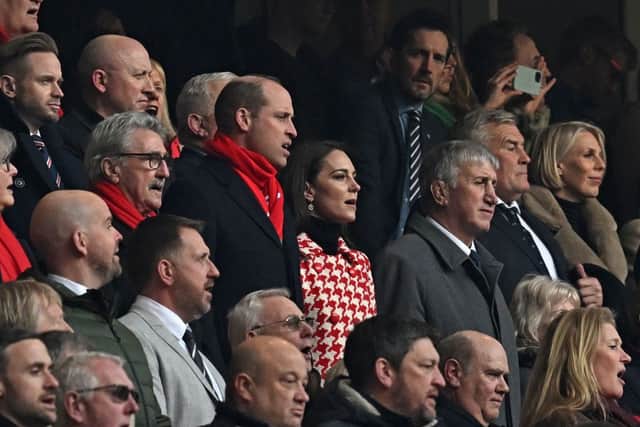 Britain's Prince William, Prince of Wales and Britain's Catherine, Princess of Wales sing the Welsh National Anthem ahead of the Six Nations international rugby union match between Wales and England at the Principality Stadium in Cardiff, south Wales, on February 25, 2023. (Photo by Paul ELLIS / AFP) / RESTRICTED TO EDITORIAL USE. Use in books subject to Welsh Rugby Union (WRU) approval. (Photo by PAUL ELLIS/AFP via Getty Images)