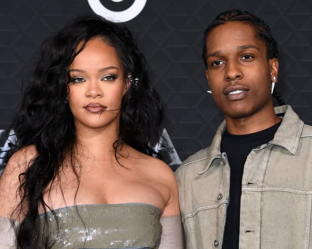 Barbadian singer Rihanna (L) and US rapper A$AP Rocky arrive for the world premiere of Marvel Studios' "Black Panther: Wakanda Forever" 