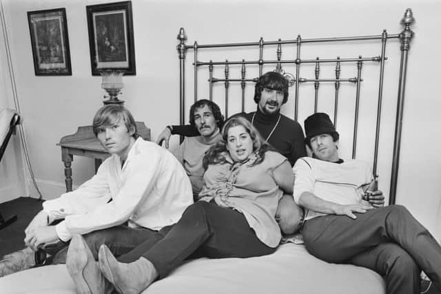 American folk rock group The Mamas and the Papas, 15th June 1966. From left to right, they are record producer Terry Melcher, band members John Phillips, Cass Elliot and Denny Doherty, and record producer Lou Adler. (Photo by Watson/Express/Hulton Archive/Getty Images)