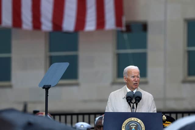 U.S. President Joe Biden delivers remarks at a ceremony commemorating the 21st anniversary of the crash of American Airlines Flight 77 into the Pentagon during the September 11th terrorist attacks at the National 9/11 Pentagon Memorial on September 11, 2022 in Arlington, Virginia.  (Photo by Anna Moneymaker/Getty Images)