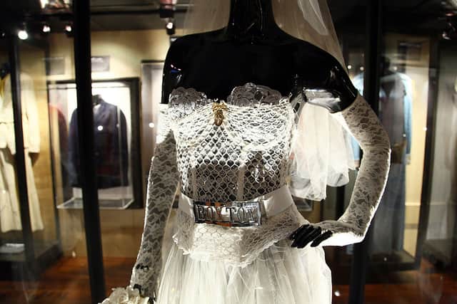 NEW YORK, NY - MAY 18:  Madonna's wedding dress worn in the video for "Like a Virgin" and during her performance at the 1stÃ MTV Video Music Awards in 1984 is shown on display at Hard Rock Cafe's 40th anniversary Memorabilia Tour at Hard Rock Cafe, Times Square on May 18, 2011 in New York City.  (Photo by Neilson Barnard/Getty Images)