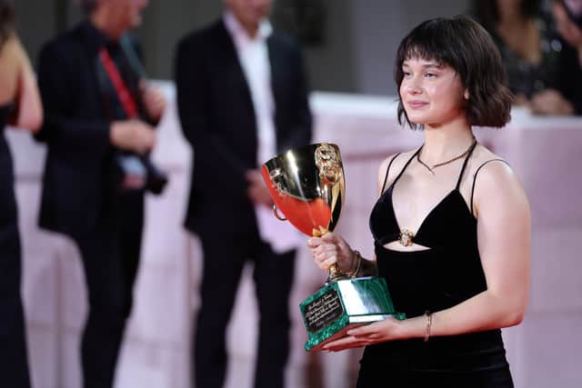 Cailee Spaeny poses with the Volpi Cup for Best Actress Award for âPriscillaâ at the winner's photocall at the 80th Venice International Film Festival on September 09, 2023 in Venice, Italy. (Photo by Andreas Rentz/Getty Images)