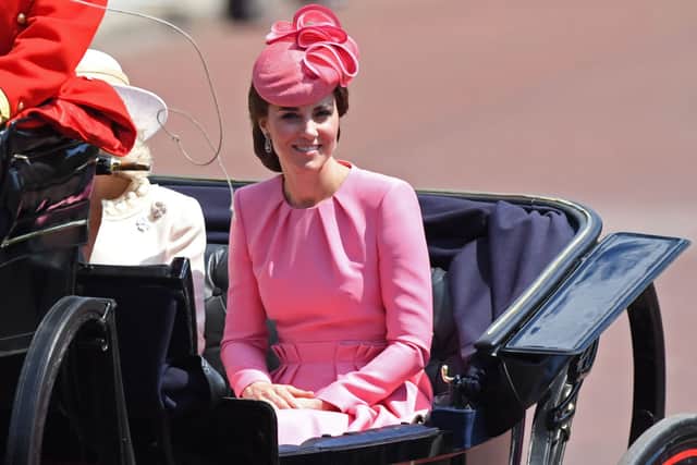 Catherine, Duchess of Cambridge, travels in a horse-drawn carriage back to Buckingham Palace after attending 'Trooping the Colour' on Horse Guards Parade to mark the Queen's official birthday, in London on June 17, 2017.Picture: CHRIS J RATCLIFFE/AFP via Getty Images