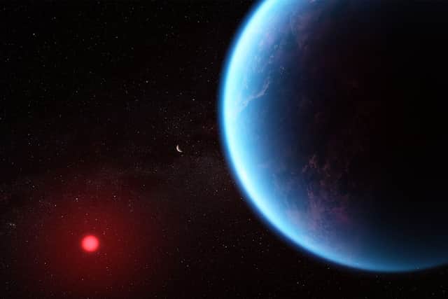 An artist's concept shows what exoplanet K2-18 b could look like based on science data. (Image: NASA, CSA, ESA, J. Olmsted (STScI))