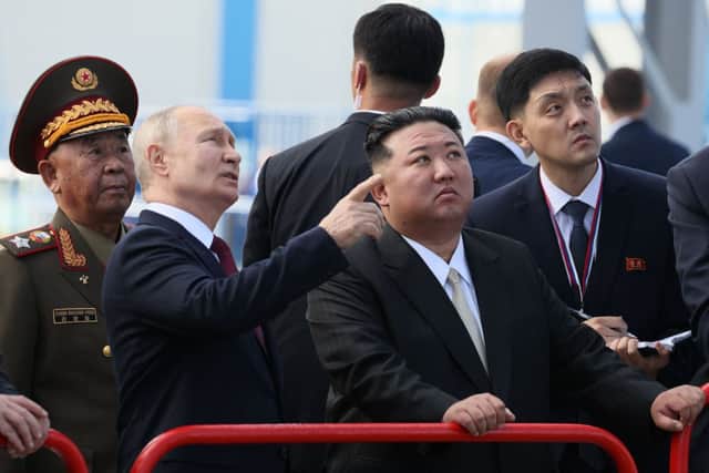In this pool photo distributed by Sputnik agency, Russia’s President Vladimir Putin (centre L) and North Korea’s leader Kim Jong Un (centre R) visit the Vostochny Cosmodrome in Amur region on September 13, 2023. Credit: Photo by MIKHAIL METZEL/POOL/AFP via Getty Images
