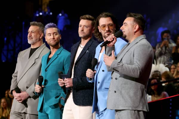 NEWARK, NEW JERSEY - SEPTEMBER 12: (L-R) Joey Fatone, Lance Bass, Justin Timberlake, JC Chasez, and Chris Kirkpatrick of *NSYNC performs onstage during the 2023 MTV Video Music Awards at Prudential Center on September 12, 2023 in Newark, New Jersey. (Photo by Mike Coppola/Getty Images for MTV)
