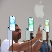 The new iPhone 15 is displayed during an Apple event at the Steve Jobs Theater at Apple Park on September 12, 2023 in Cupertino, California. (Photo by Justin Sullivan/Getty Images)