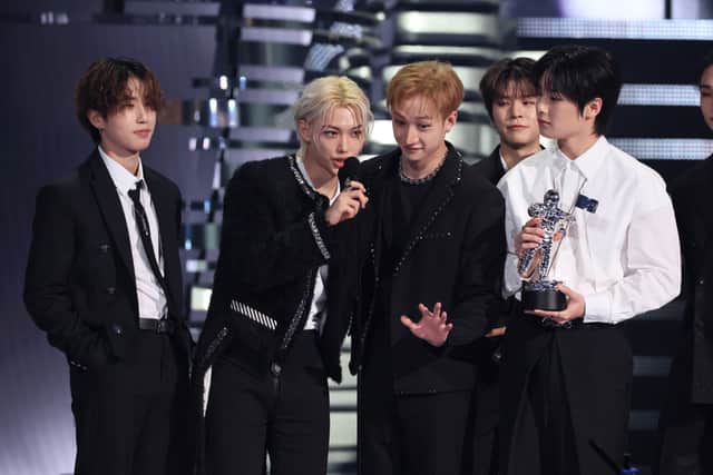 (L-R) (L-R) Han, Felix, Bang Chan, Seungmin and I.N. of Stray Kids accept the Best K-Pop award for "S-Class"  performs onstage at the 2023 MTV Video Music Awards on September 12, 2023 in Newark, New Jersey. (Photo by Dia Dipasupil/Getty Images)