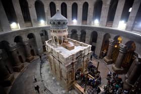 The tomb of Jesus Christ with the rotunda is in the Church of the Holy Sepulchre in Jerusalem, Israel. Greek archaeologists have been working since June 2016 to restore the tomb, believed to be the place where Jesus Christ was buried and then resurrected from after his crucification. (Photo by Lior Mizrahi/Getty Images)