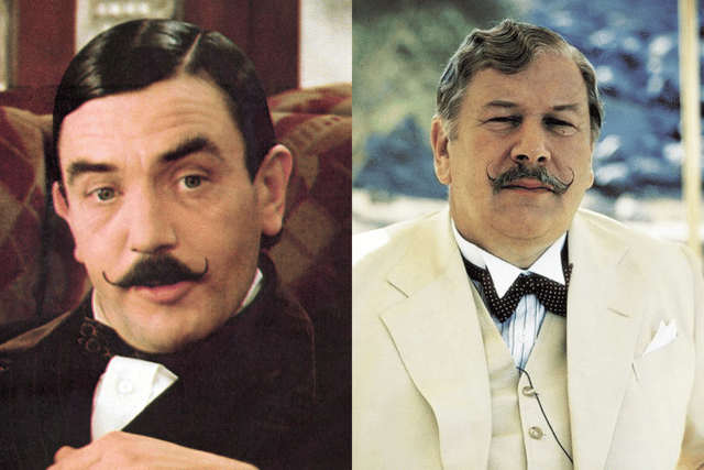 Albert Finney (left) originated the role of Hercule Poirot until Peter Ustinov (right) took over from Finney for the remainder of the film series (Credit: MGM)