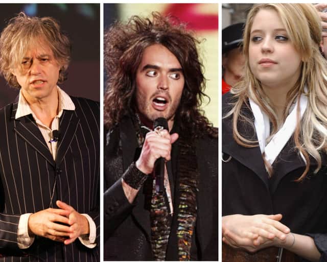 Bob Geldof, Russell Brand and Peaches Geldof (L-R). Bob called Brand a c*** during the NME Awards 2006, the same year the disgraced comedian allegedly dated his now late daughter Peaches. Photo by Getty Images.