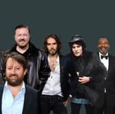 (L-R): Matt Lucas, David Mitchell, Ricky Gervais, Russell Brand, Noel Fielding, Lenny Henry, and Russell Howard are all UK comedians from the 2000s (Getty)