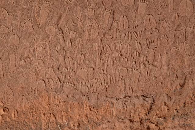 Detail of Stone Age depictions of human footprints and animal tracks in Doro Nawas mountains, Namibia.