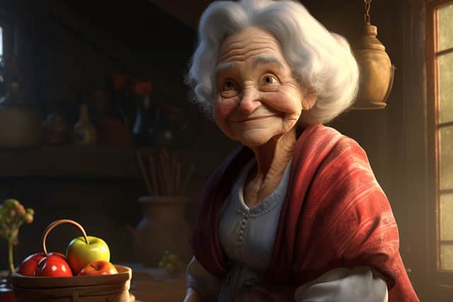 An elderly Snow White may suffer from loneliness, respiratory problems and even dementia - but stll has a smile on her face! (Picture: Midjourney)