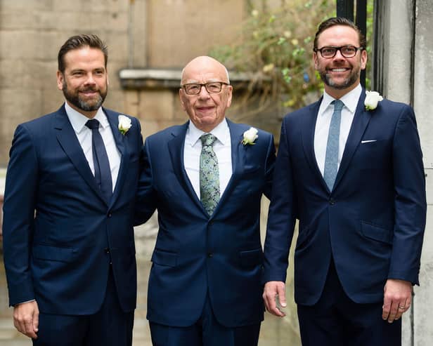 Australian born media magnate Rupert Murdoch (C) flanked by his sons Lachlan (L) and James (R) arrive at St Bride's church on Fleet Street in central London on March 5, 2016, to attend a ceremony of celebration a day after the official marriage of Rupert Murdoch and former US model Jerry Hall.   (Photo credit should read LEON NEAL/AFP via Getty Images)