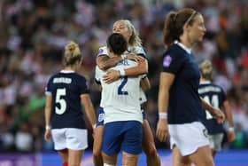 Lucy Bronze and Rachel Daly celebrate England's opener against Scotland. Cr. Getty Images