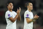 Jess Carter and Lucy Bronze salute the Stadium Of Light crowd. Cr. Getty Images