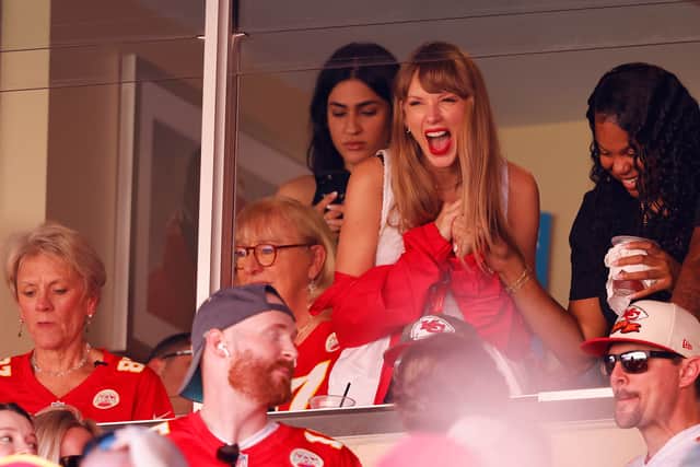 Taylor Swift reacts during a game between the Chicago Bears and the Kansas City Chiefs at GEHA Field at Arrowhead Stadium on September 24, 2023 in Kansas City, Missouri. (Photo by David Eulitt/Getty Images)
