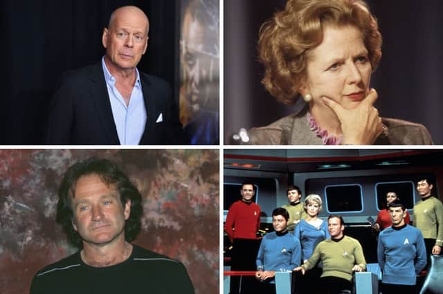 From top left clockwise, Bruce Willis, Margaret Thatcher, James Doohan on Star Trek and Robin Williams.