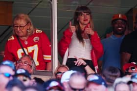 KANSAS CITY, MISSOURI - SEPTEMBER 24: Donna Kelce and Taylor Swift are seen during the first half of a game between the Chicago Bears and the Kansas City Chiefs at GEHA Field at Arrowhead Stadium on September 24, 2023 in Kansas City, Missouri. (Photo by Jason Hanna/Getty Images)