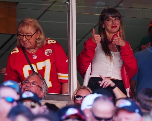 KANSAS CITY, MISSOURI - SEPTEMBER 24: Donna Kelce and Taylor Swift are seen during the first half of a game between the Chicago Bears and the Kansas City Chiefs at GEHA Field at Arrowhead Stadium on September 24, 2023 in Kansas City, Missouri. (Photo by Jason Hanna/Getty Images)