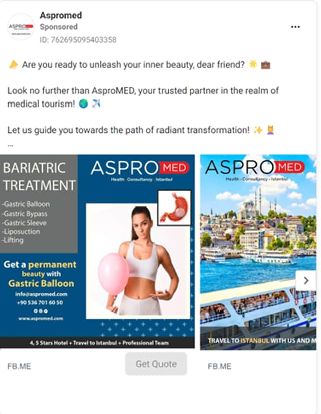 Undated handout image issued by the Advertising Standards Authority (ASA) of a Facebook ad from a cosmetic clinic based abroad, one of three ads for cosmetic clinics in Turkey which have been banned in the UK.