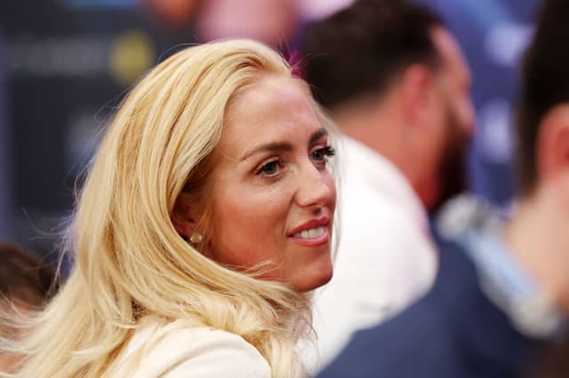 LONDON, ENGLAND - APRIL 22: Paris Fury, wife of Tyson Fury of Great Britain, looks on during the weigh-in ahead of the heavyweight boxing match between Tyson Fury and Dillian Whyte at BOXPARK on April 22, 2022 in London, England. (Photo by Julian Finney/Getty Images)