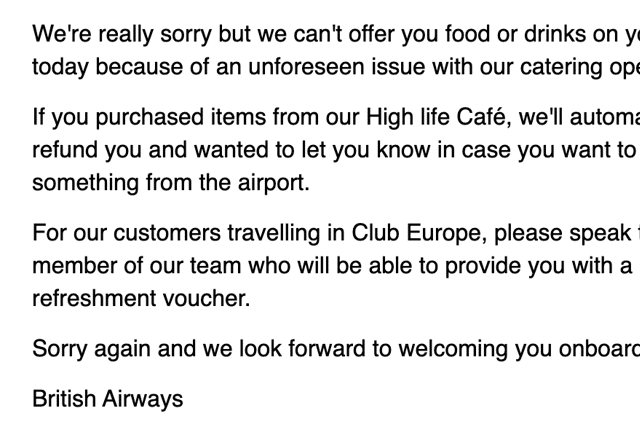 The email that passengers of BA1425 8.25pm flight from Belfast to London received regarding the lack of food on the short-haul flight (Credit: NationalWorld)