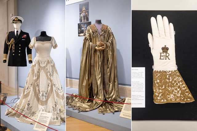 Some of the 200 items that will be on show at Guildhall Art Gallery, including a glove worn during Queen Elizabeth II's coronation (Credit: SWNS)