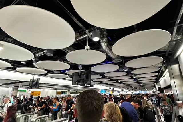 Alex Wiseman shared a photo of the huge queues at the terminal. (Photo: Alex Wiseman @alexjohnwiseman on X) 