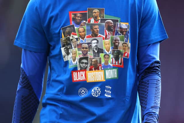 Birmingham City and Sheffield United players wear Black History Month shirts during a warm up in October 2022 (Photo: George Wood/Getty Images)