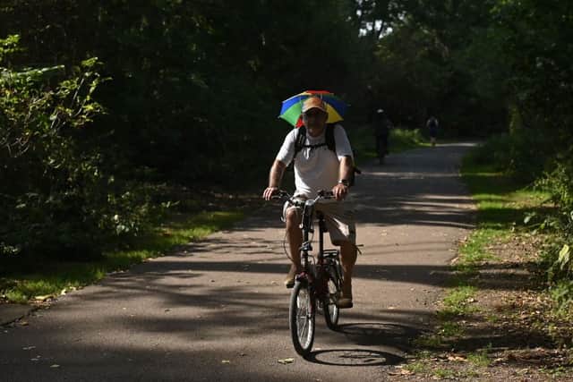 A cyclist rides along a past at Hackney Marshes in north east London during the September heatwave (Photo by JUSTIN TALLIS/AFP via Getty Images)