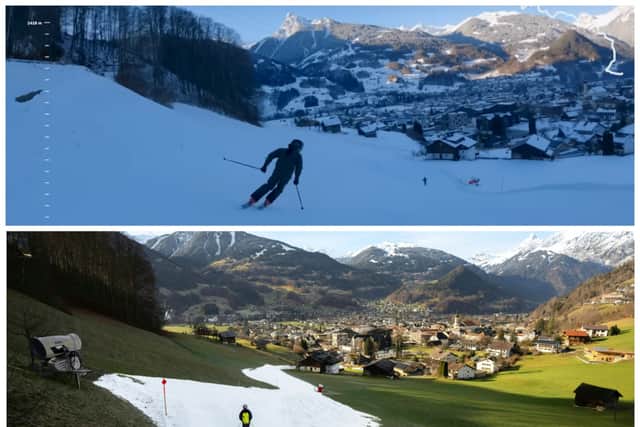 A comparison of skiing in Schruns, Austria. Top picture taken in March 2022 (credit: Silvretta Montafon) and bottom picture taken in December 2022 (credit: Getty Images). 