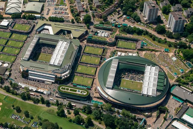 An aerial photograph of The All England Lawn Tennis Club in Wimbledon, southwest London (THOMAS LOVELOCK/AFP via Getty Images)