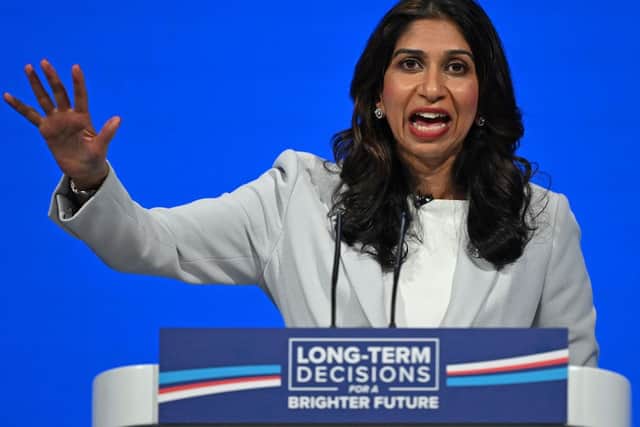 ome Secretary Suella Braverman addresses delegates at the annual Conservative Party Conference in Manchester, northern England, on October 3, 2023. (Photo by JUSTIN TALLIS / AFP) (Photo by JUSTIN TALLIS/AFP via Getty Images)