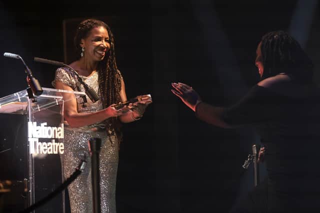 Dr Shirley Thompson OBE presents the Best Opera Production Award onstage to April Koyejo-Audiger during the Black British Theatre Awards 2022 at The National Theatre on October 16, 2022 in London, England. (Shane Anthony Sinclair/Getty Images for BBTA)