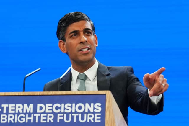 Prime Minister Rishi Sunak speaks during the final day of the Conservative Party Conference on October 4, 2023 in Manchester, England. Credit: Carl Court/Getty Images
