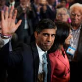 Prime Minister Rishi Sunak waves as he and wife Akshata Murty leave following his speech during the final day of the Conservative Party Conference (Photo: Christopher Furlong/Getty Images)