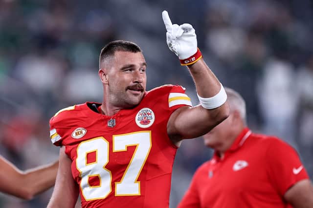 Travis Kelce #87 of the Kansas City Chiefs looks on prior to the game New York Jets at MetLife Stadium on October 01, 2023. (Photo by Dustin Satloff/Getty Images)
