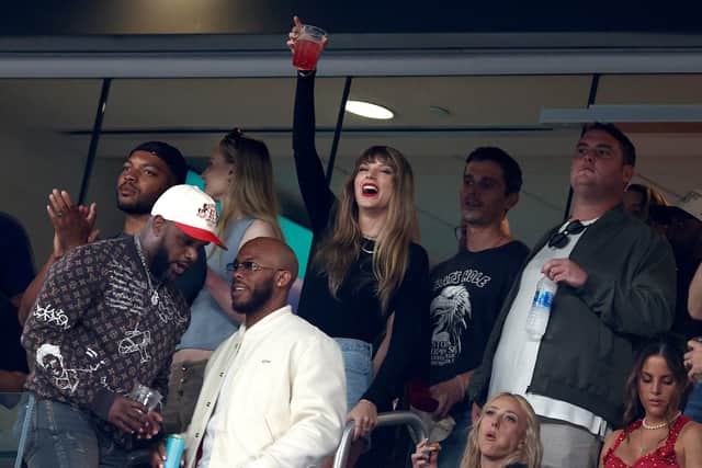 EAST RUTHERFORD, NEW JERSEY - OCTOBER 01: Singer Taylor Swift cheers prior to the game between the Kansas City Chiefs and the New York Jets at MetLife Stadium on October 01, 2023 in East Rutherford, New Jersey. (Photo by Elsa/Getty Images)