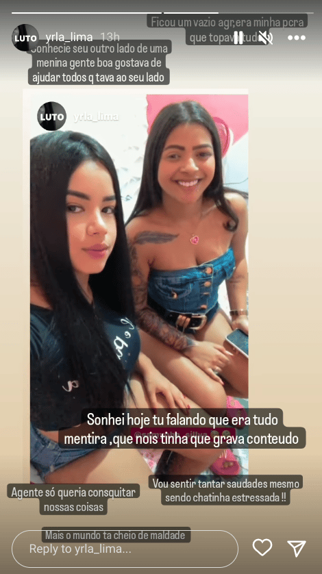 Yrla Silva posted an image to her Instagram Stories showing her and Samynha Silva together, days after Samynha was shot dead as the pair left a club together with another friend. Photo by Instagram/Yrla Silva