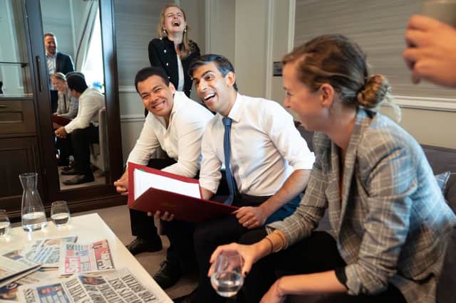 Rishi Sunak holds a meeting with staff ahead of his Tory Party conference speech. Credit: Getty