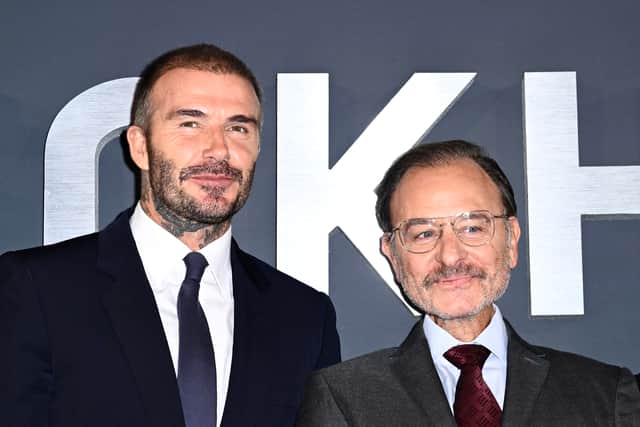 David Beckham and Fisher Stevens attend the Netflix 'Beckham' UK Premiere at The Curzon Mayfair on October 03, 2023 in London, England. (Photo by Gareth Cattermole/Getty Images)