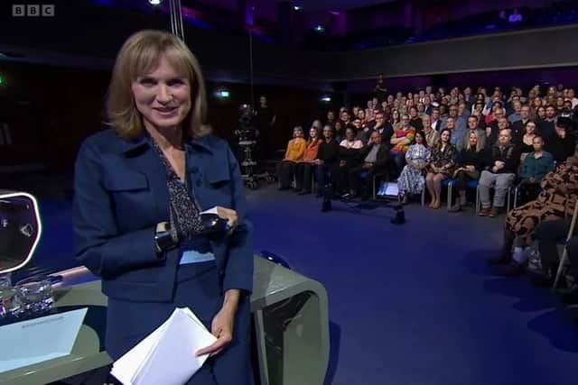 Fiona Bruce sparked concern amongst Question Time viewers on Thursday night, as the BBC presenter appeared with a ‘black eye’ and her arm in a sling