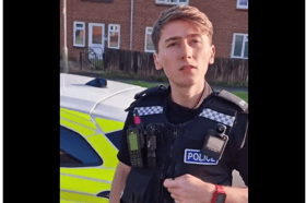 The young police officer at the centre of what has become known as the 'breadgate' incident. The unidentified officer threw his bread crusts on the floor in an Oxfordshire town but was confronted by angry resident Jamie Cossey, who filmed the interaction he had with him. Photo by Twitter.